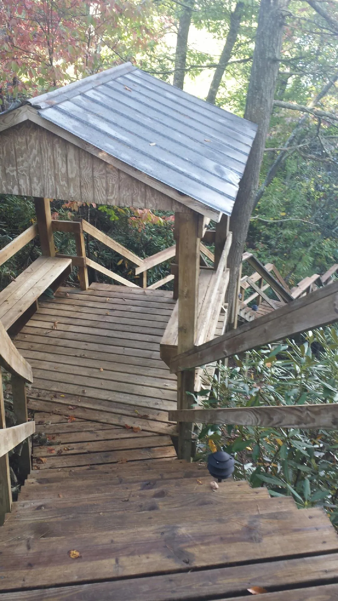 Metal roofed shelter over wooden steps on a wooded walkway — Skylight Repair & Installation work by our crew in San Mateo